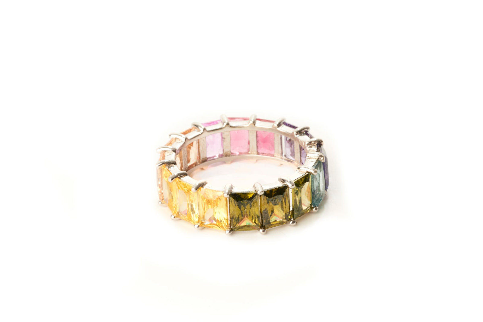 Rainbow Emerald Cut Eternity Band